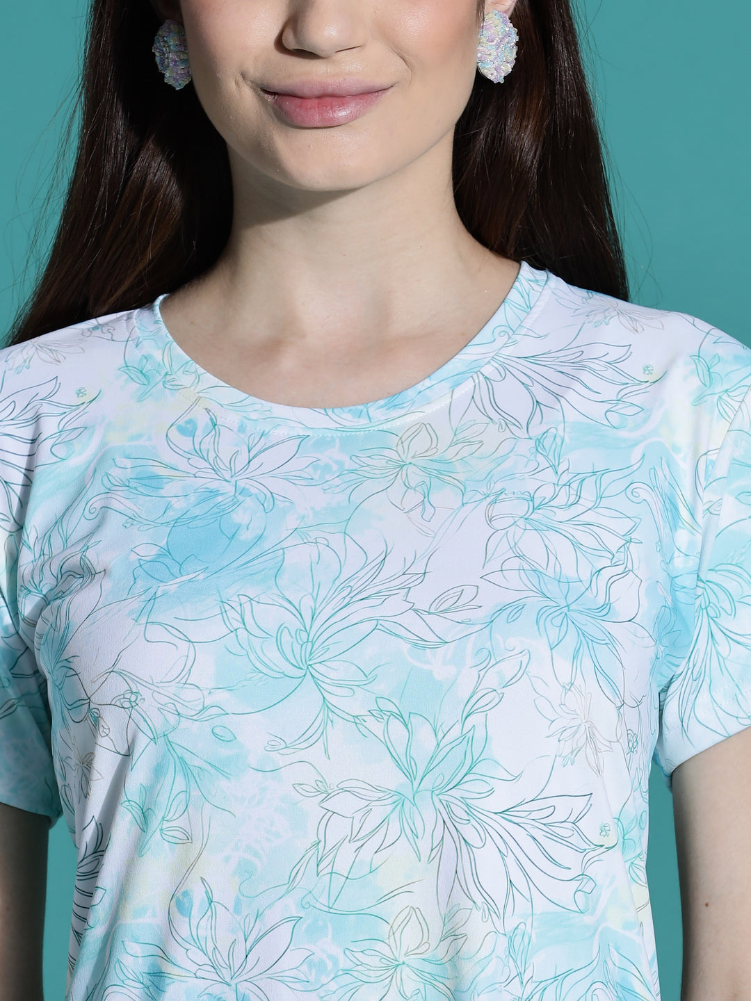 Aqua White Floral Chic Short Nightdress for Women