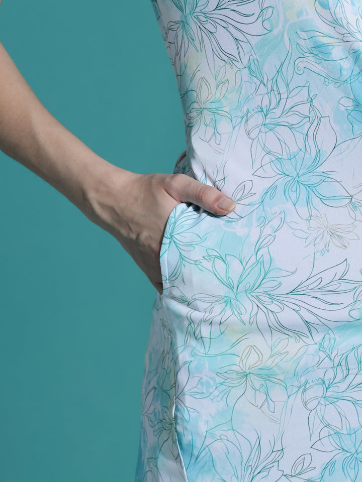 Aqua White Floral Chic Short Nightdress for Women