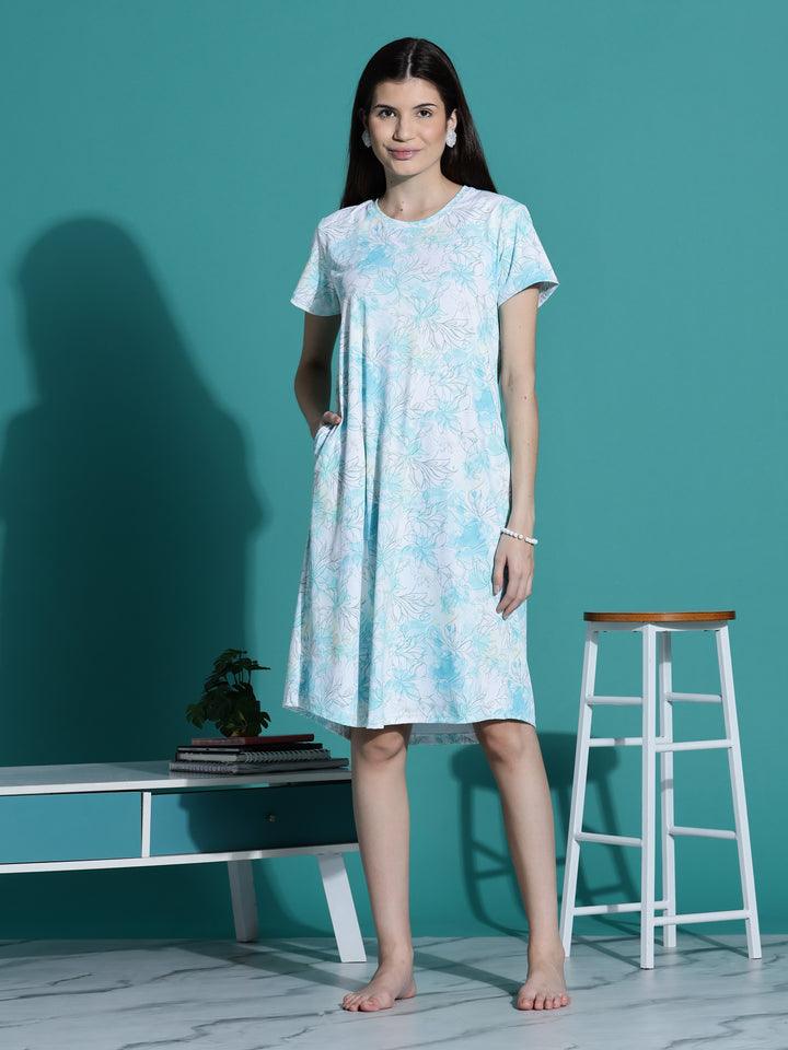 Aqua White Floral Chic Short Nightdress for Women