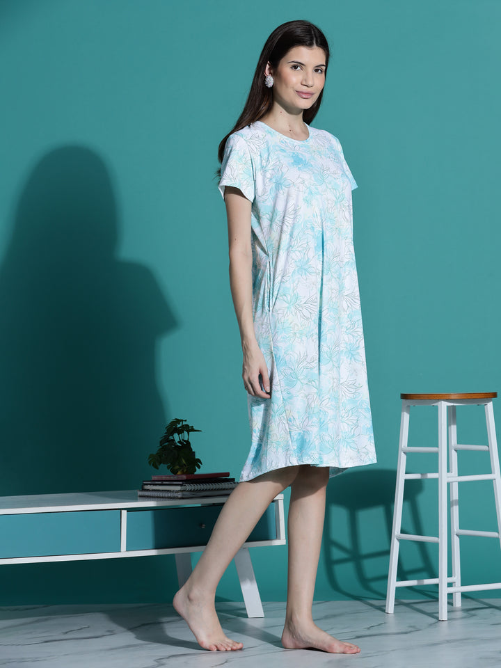 Aqua White Floral Chic Short Nightdress for Women