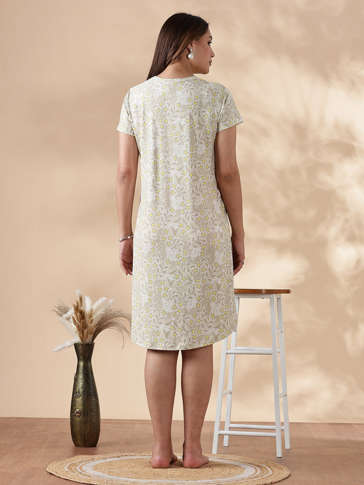 Gloss Malai Vintage Yellow Floral Nighty for Women in Soft