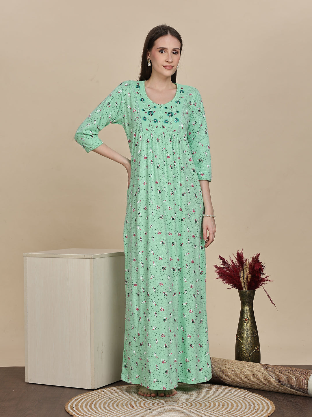 Premium Pista Green Cotton Night dress For Women