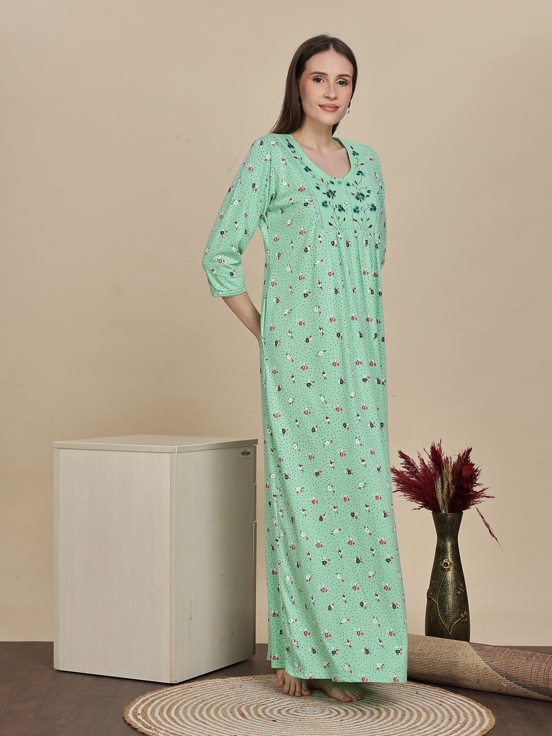 Premium Pista Green Cotton Night dress For Women
