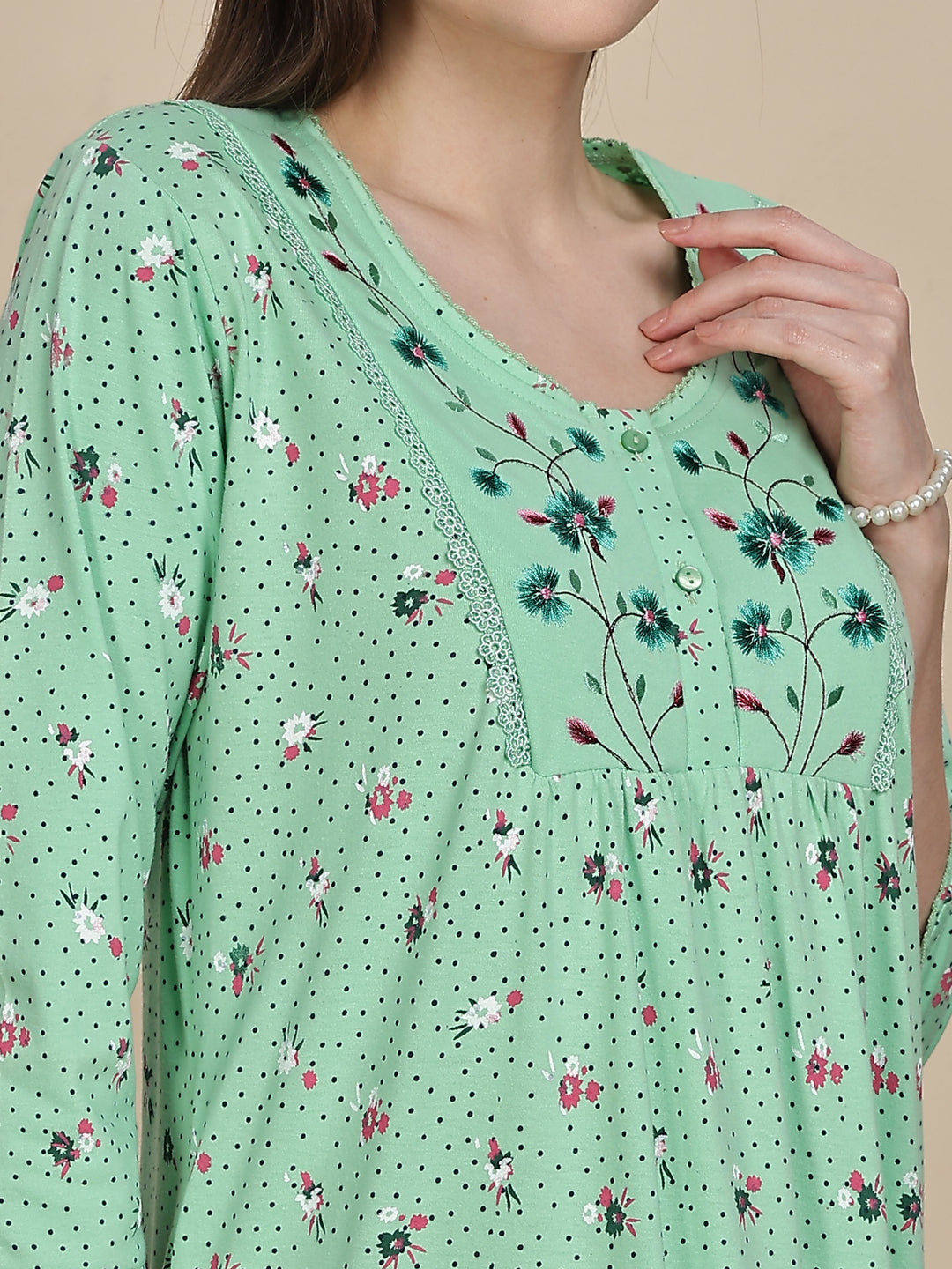 Premium Pista Green Cotton Night dress For Women