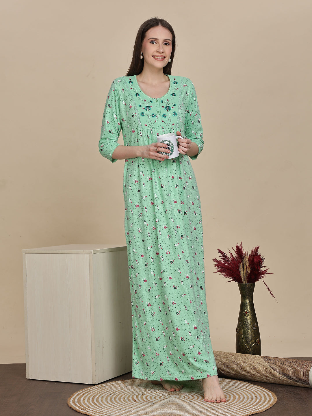Premium Pista Green Cotton Night dress For Women