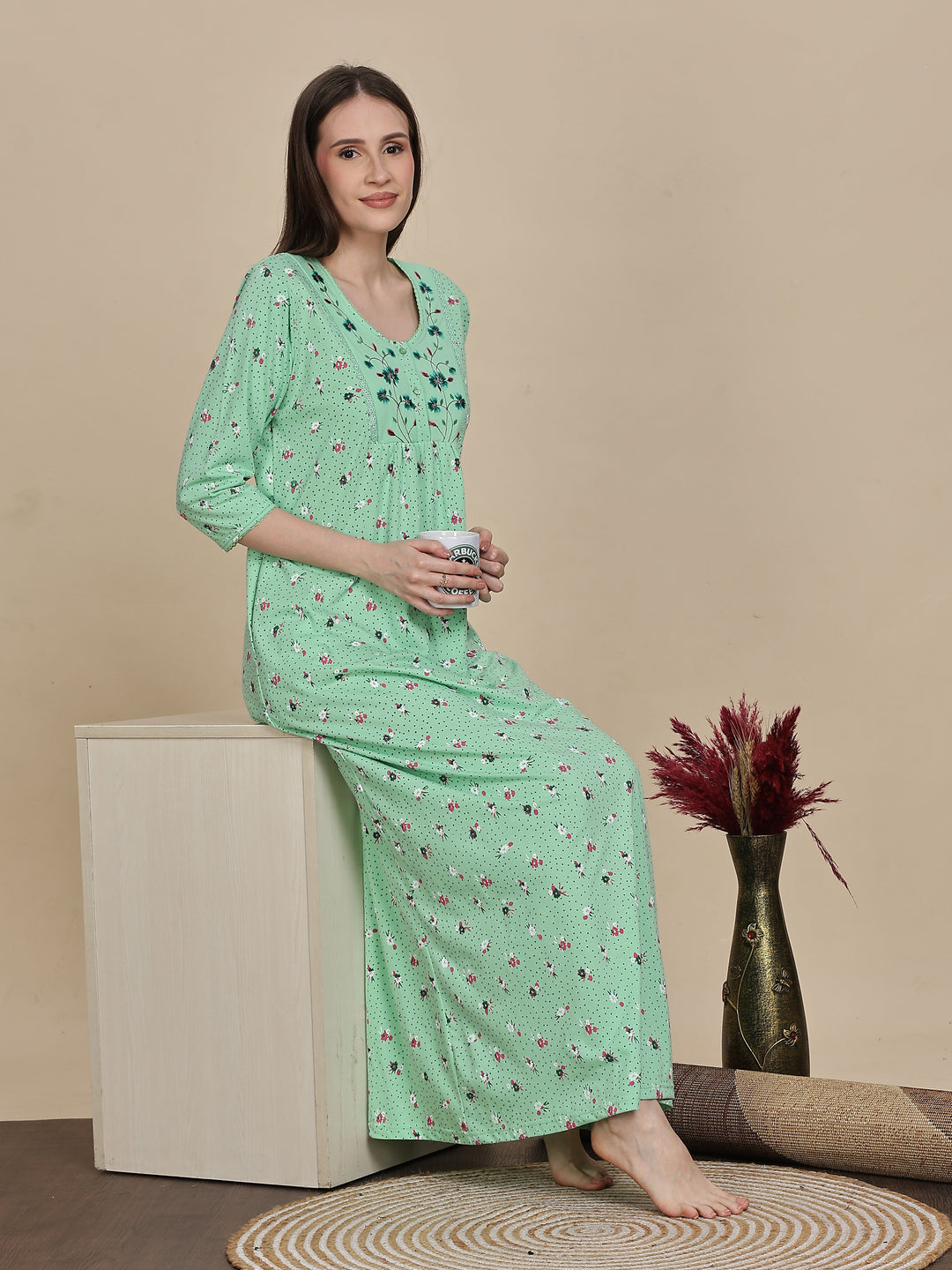 Premium Pista Green Cotton Night dress For Women