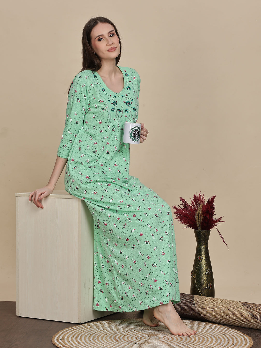 Premium Pista Green Cotton Night dress For Women