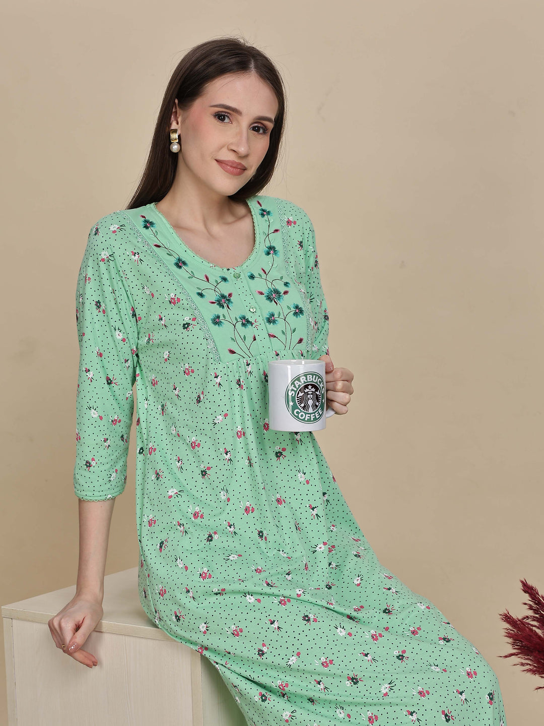 Premium Pista Green Cotton Night dress For Women