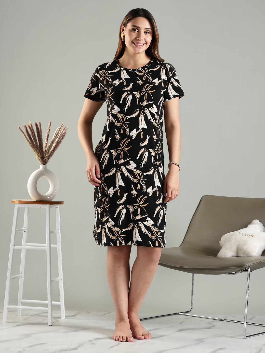 Beige Printed Short Cotton Night Dress for Women