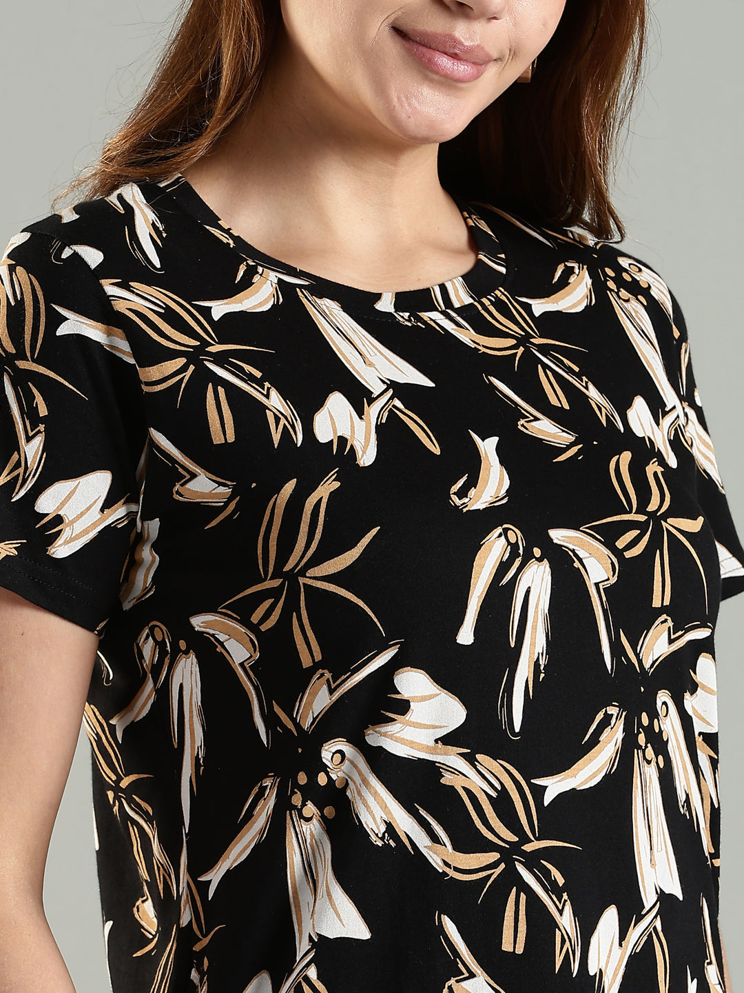 Beige Printed Short Cotton Night Dress for Women