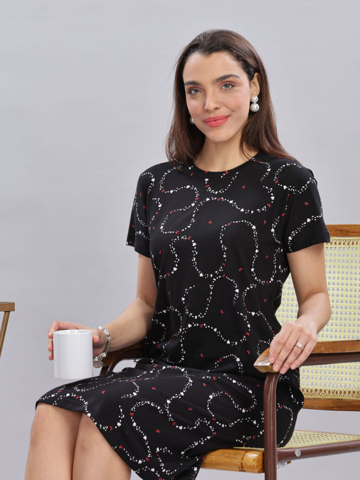 Black Cotton Short Nighty for Women with Pocket