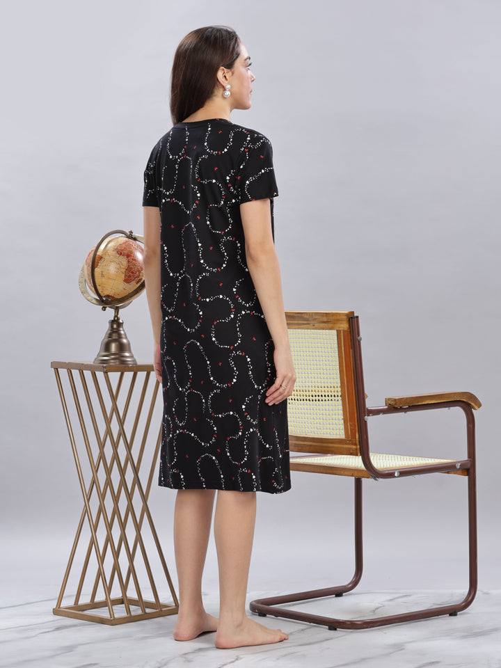 Black Cotton Short Nighty for Women with Pocket