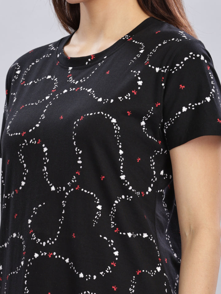 Black Cotton Short Nighty for Women with Pocket