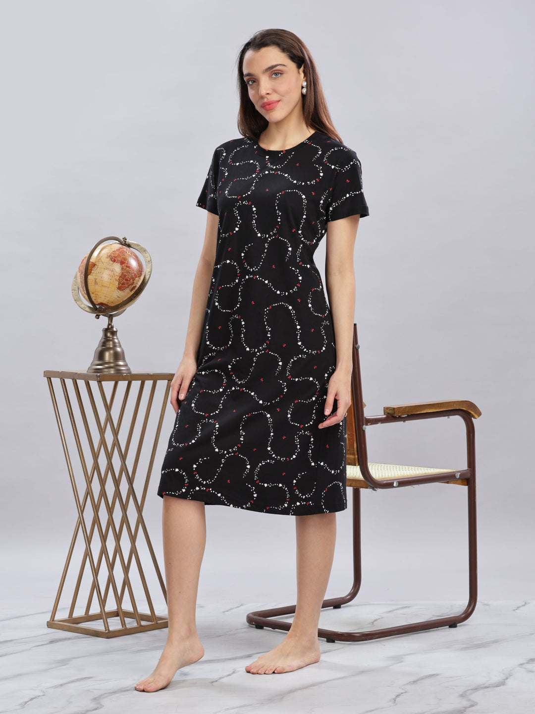 Black Cotton Short Nighty for Women with Pocket