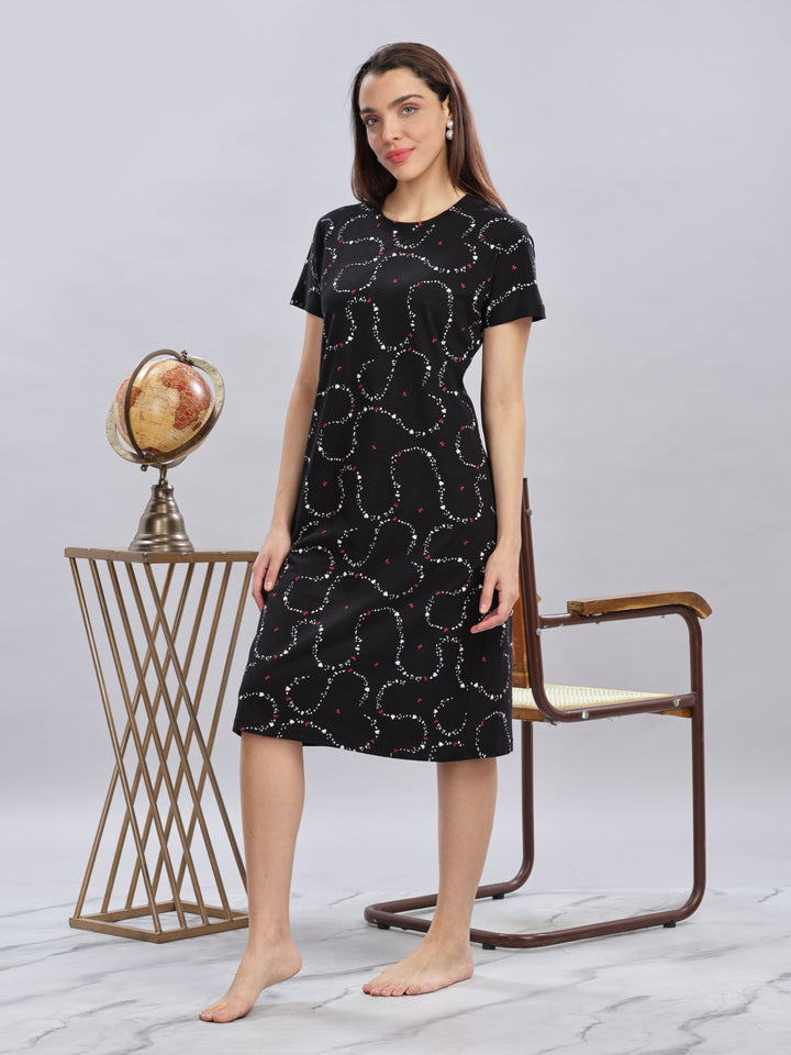 Black Cotton Short Nighty for Women with Pocket