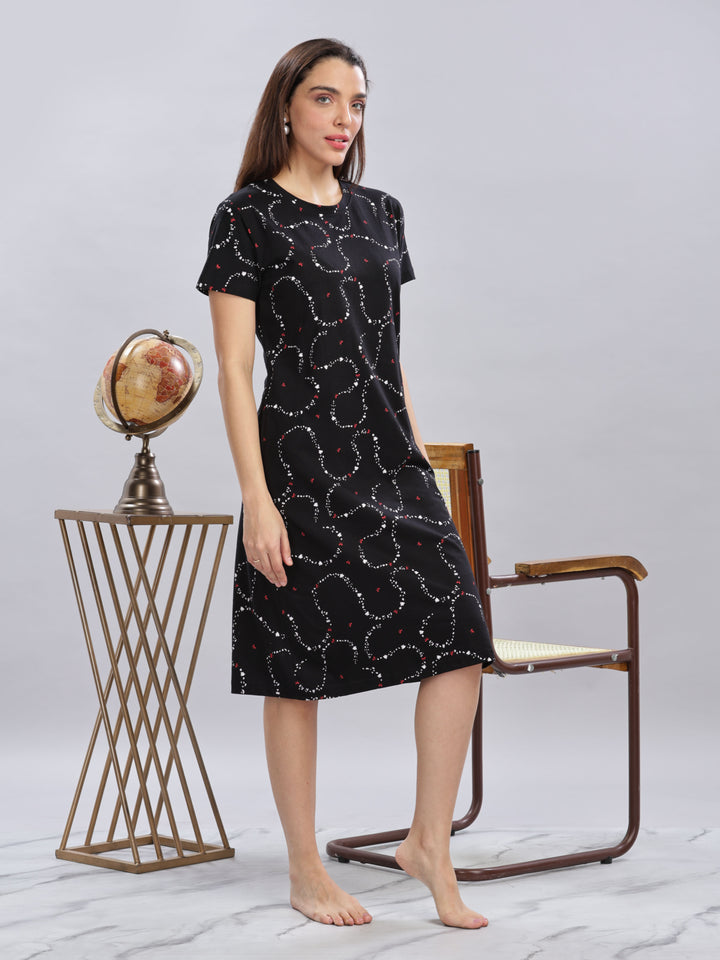 Black Cotton Short Nighty for Women with Pocket