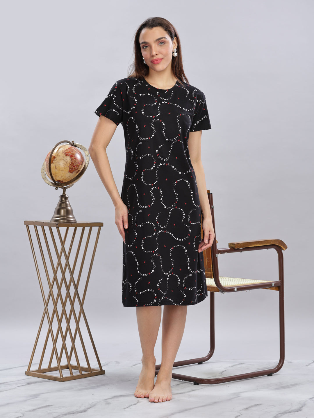 Black Cotton Short Nighty for Women with Pocket