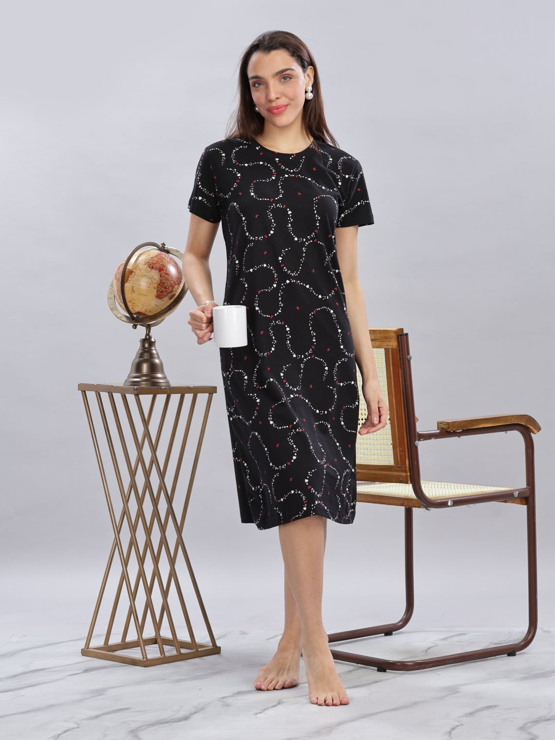 Black Cotton Short Nighty for Women with Pocket