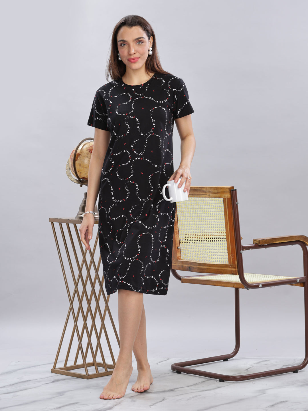 Black Cotton Short Nighty for Women with Pocket