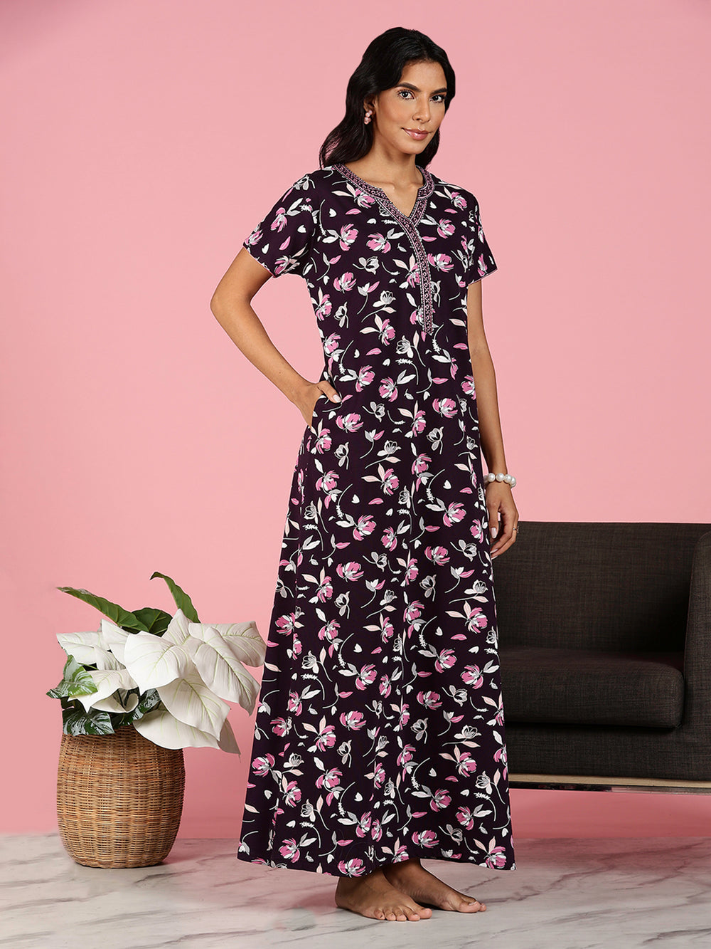 Black Floral Hosiery Cotton Nightgown For Women