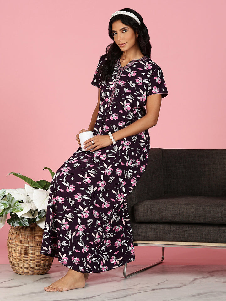 Black Floral Hosiery Cotton Nightgown For Women
