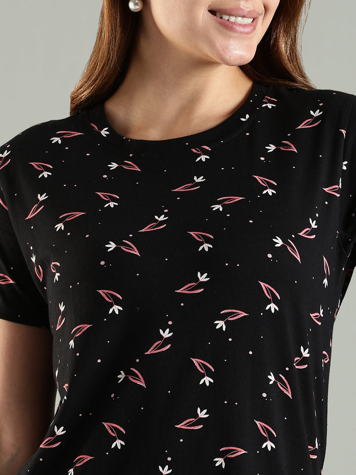 Classy Black Pink Floral Knee Length Night Dress with Pocket