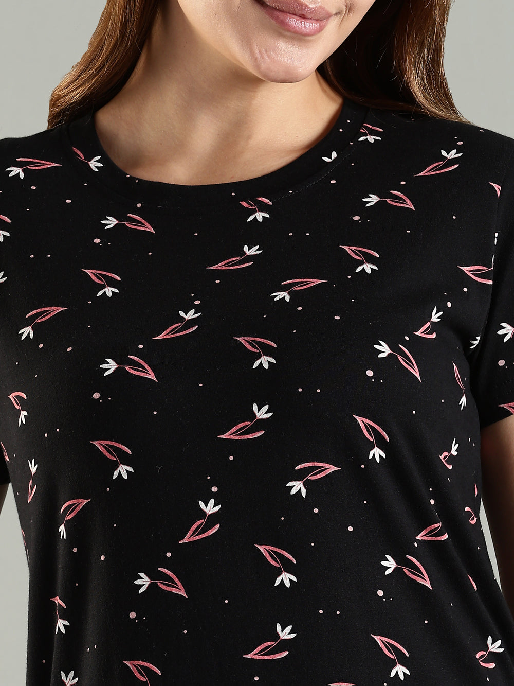 Classy Black Pink Floral Knee Length Night Dress with Pocket