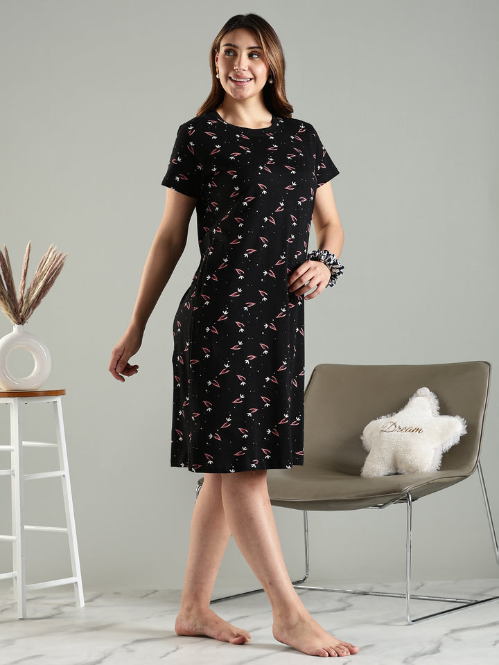 Classy Black Pink Floral Knee Length Night Dress with Pocket