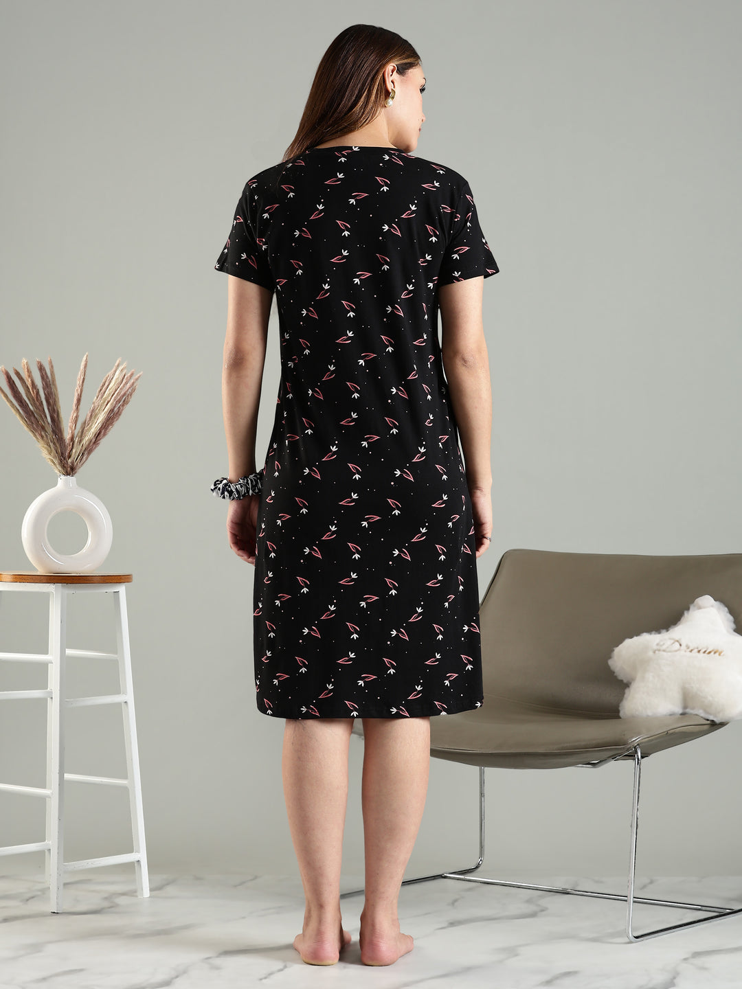 Classy Black Pink Floral Knee Length Night Dress with Pocket