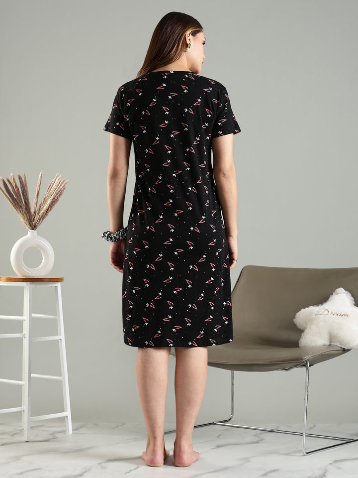 Classy Black Pink Floral Knee Length Night Dress with Pocket