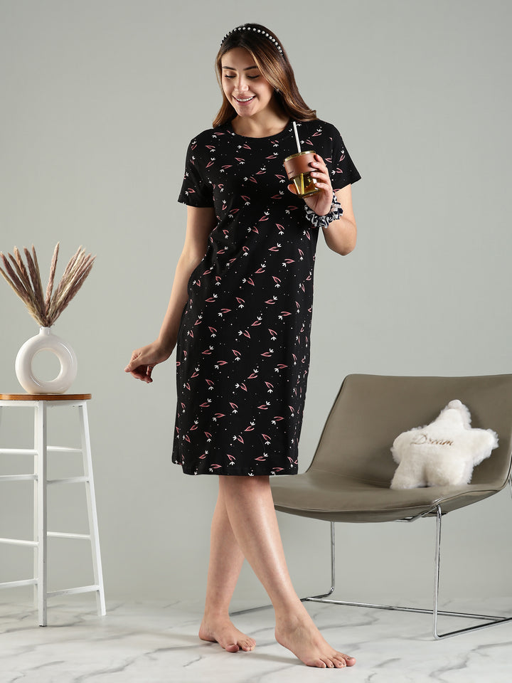 Classy Black Pink Floral Knee Length Night Dress with Pocket