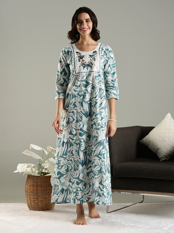 Blue Floral Cotton Nighty For Women with Phulkari Embroidery