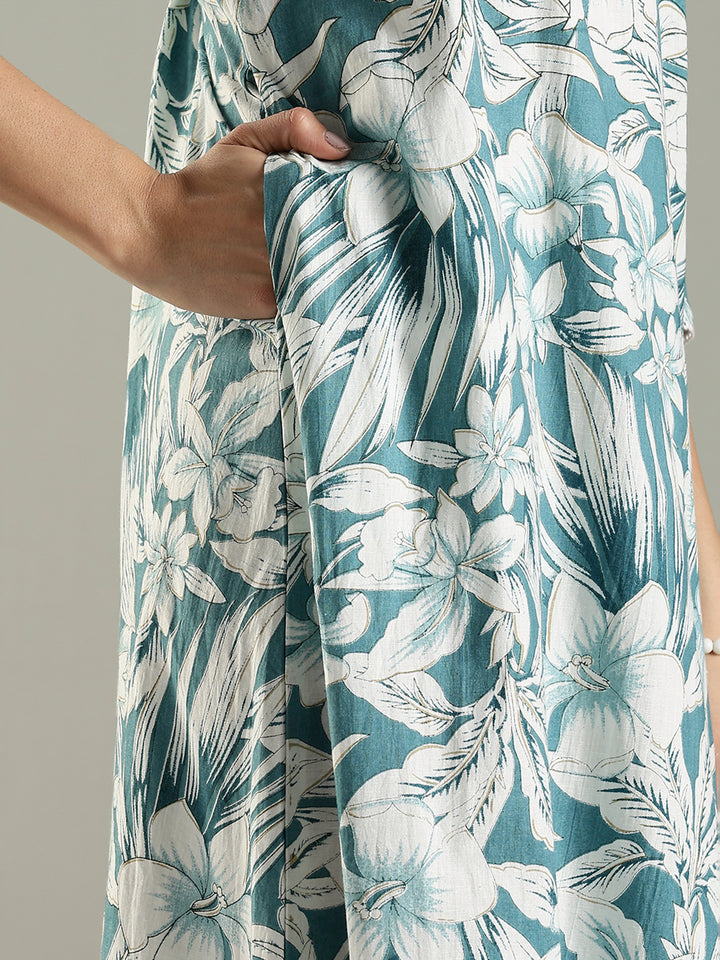 Blue Floral Cotton Nighty For Women with Phulkari Embroidery