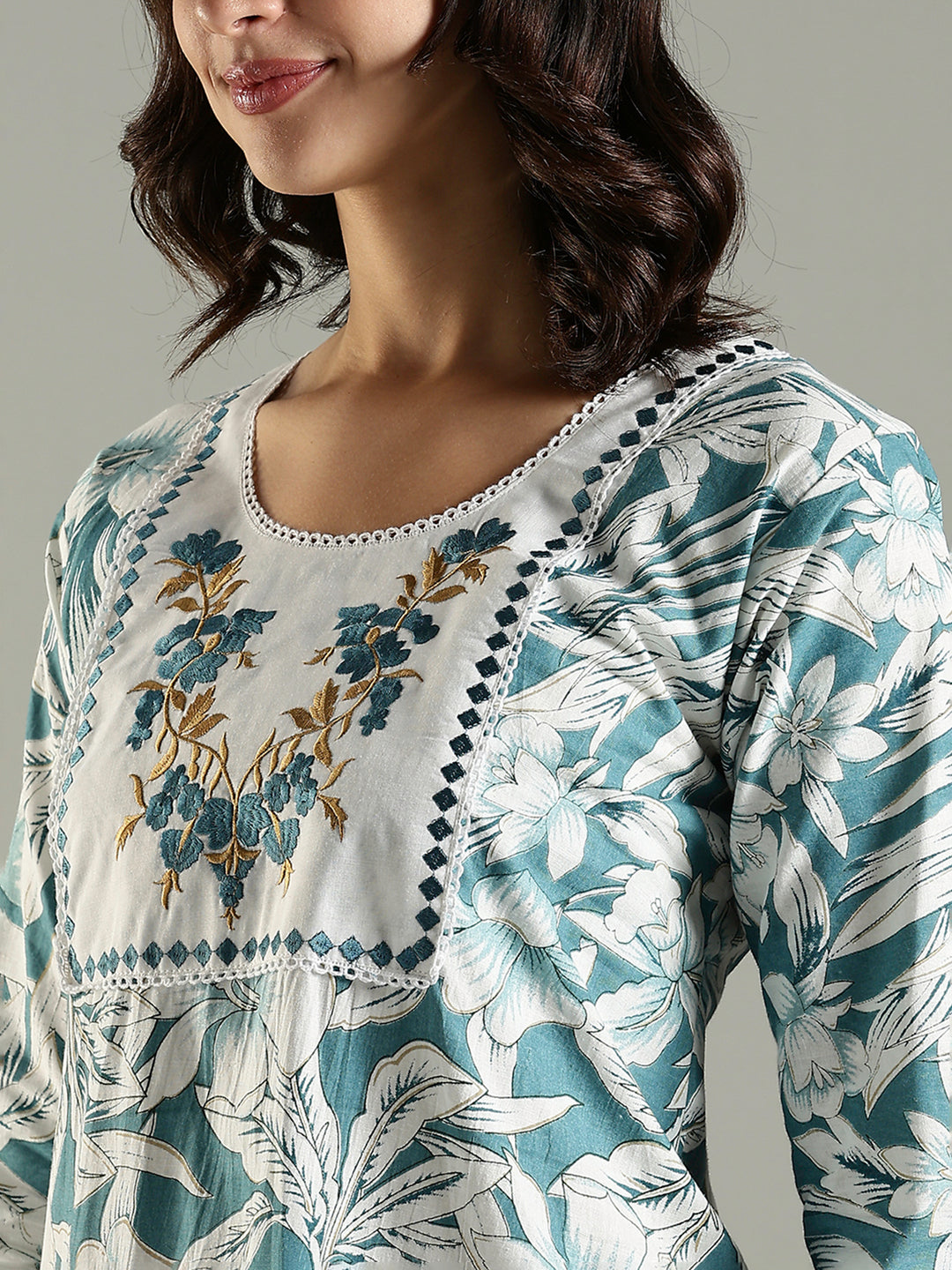 Blue Floral Cotton Nighty For Women with Phulkari Embroidery