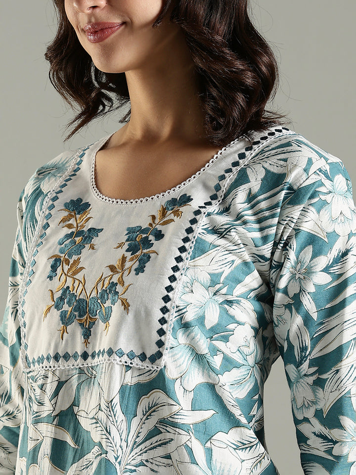 Blue Floral Cotton Nighty For Women with Phulkari Embroidery