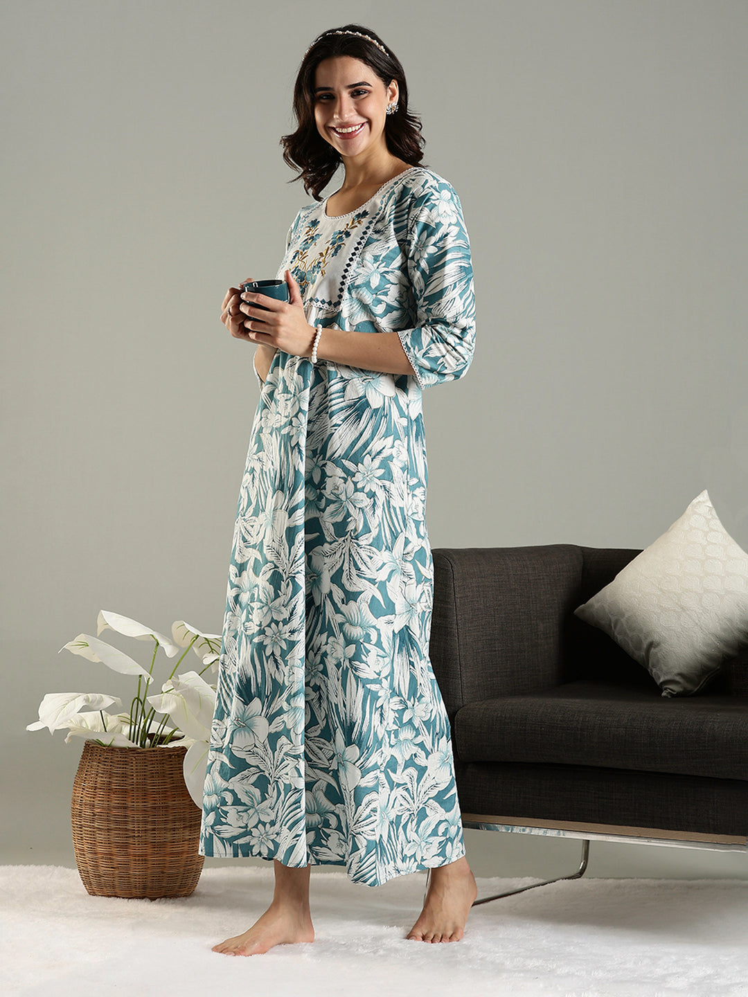 Blue Floral Cotton Nighty For Women with Phulkari Embroidery