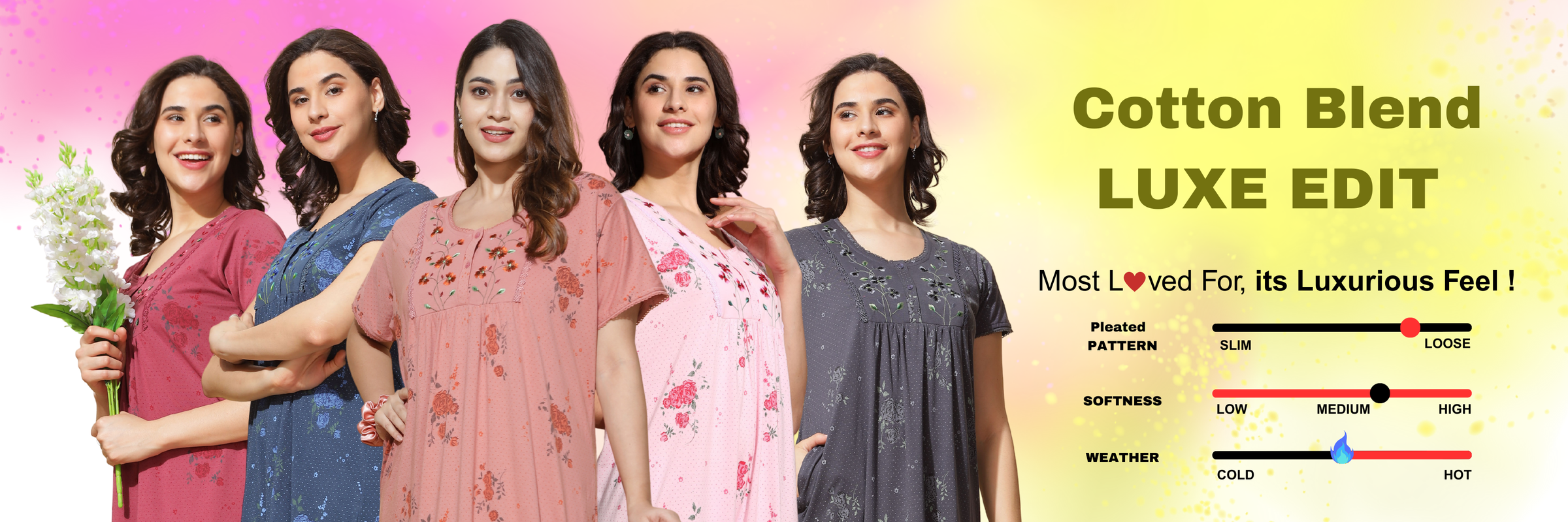 Cotton blend designer nighties for women with floral embroidery and pleated fit in peach, pink, maroon, navy, and grey color options for summer nightwear