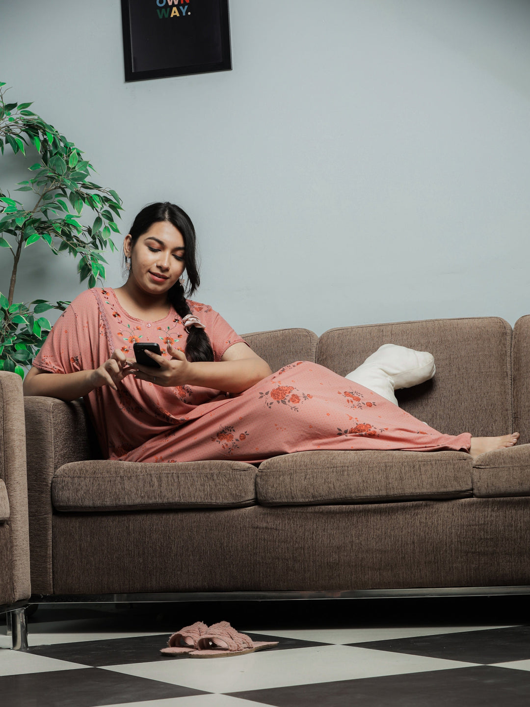 Coral Cotton Blend Front Open Nighty