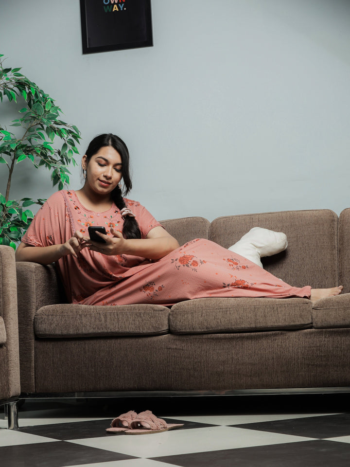 Coral Cotton Blend Front Open Nighty