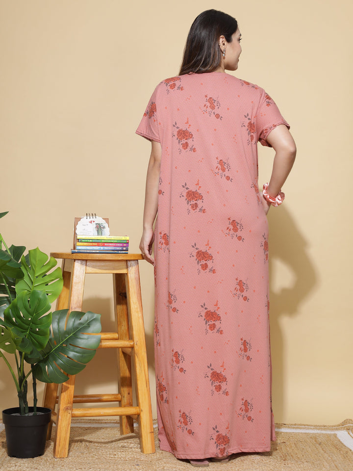 Coral Cotton Blend Front Open Nighty