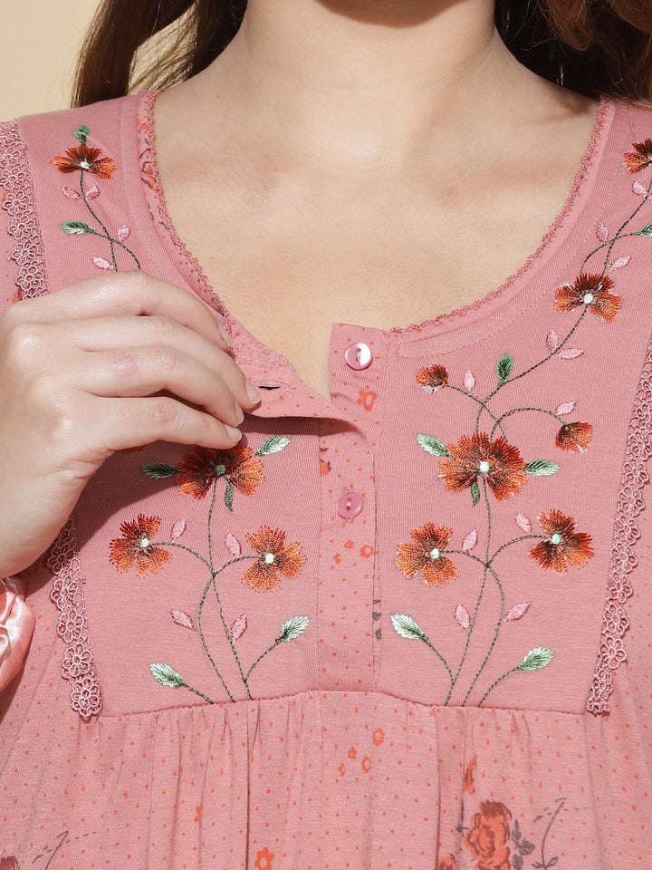 Coral Cotton Blend Front Open Nighty