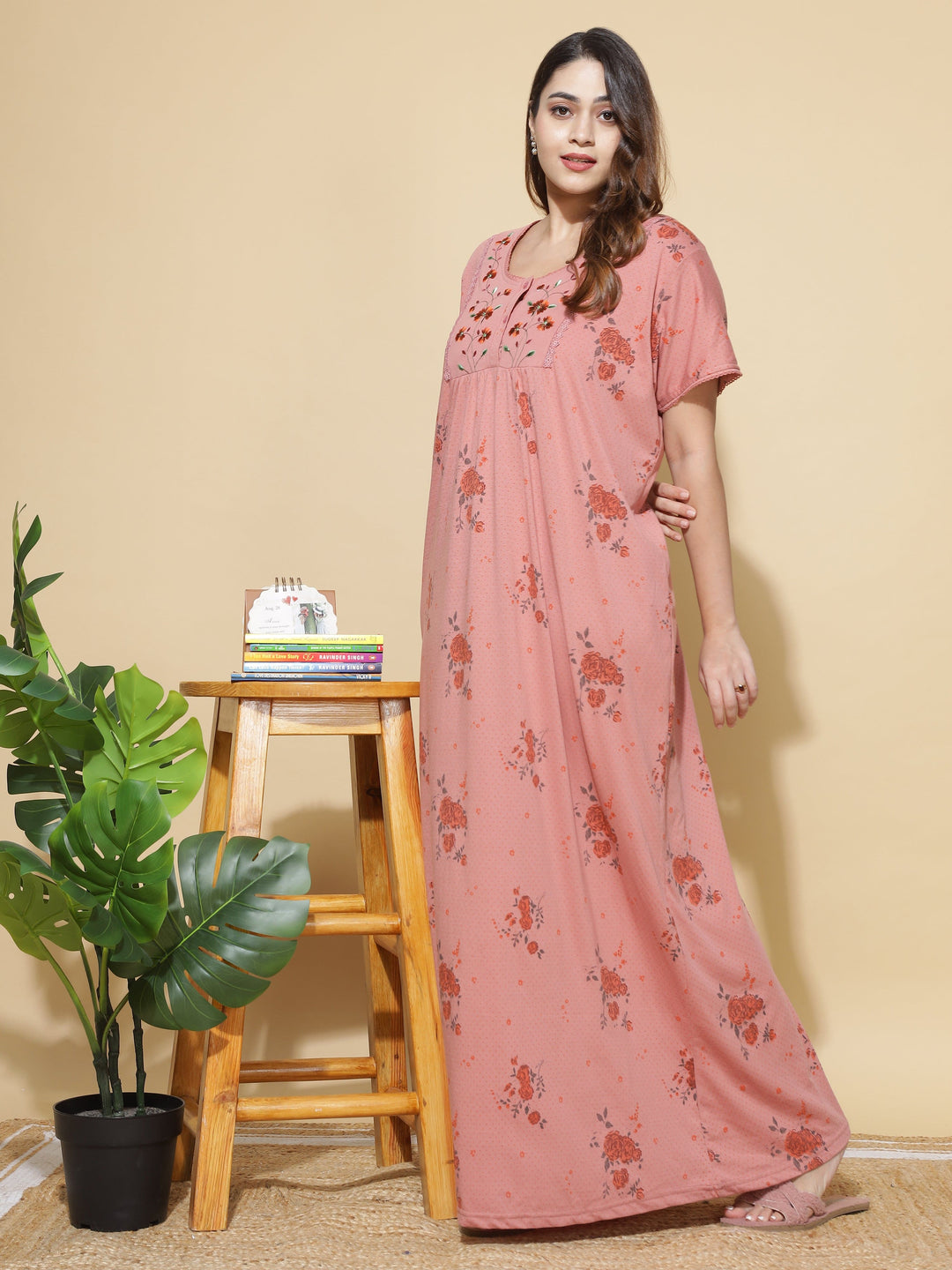 Coral Cotton Blend Front Open Nighty