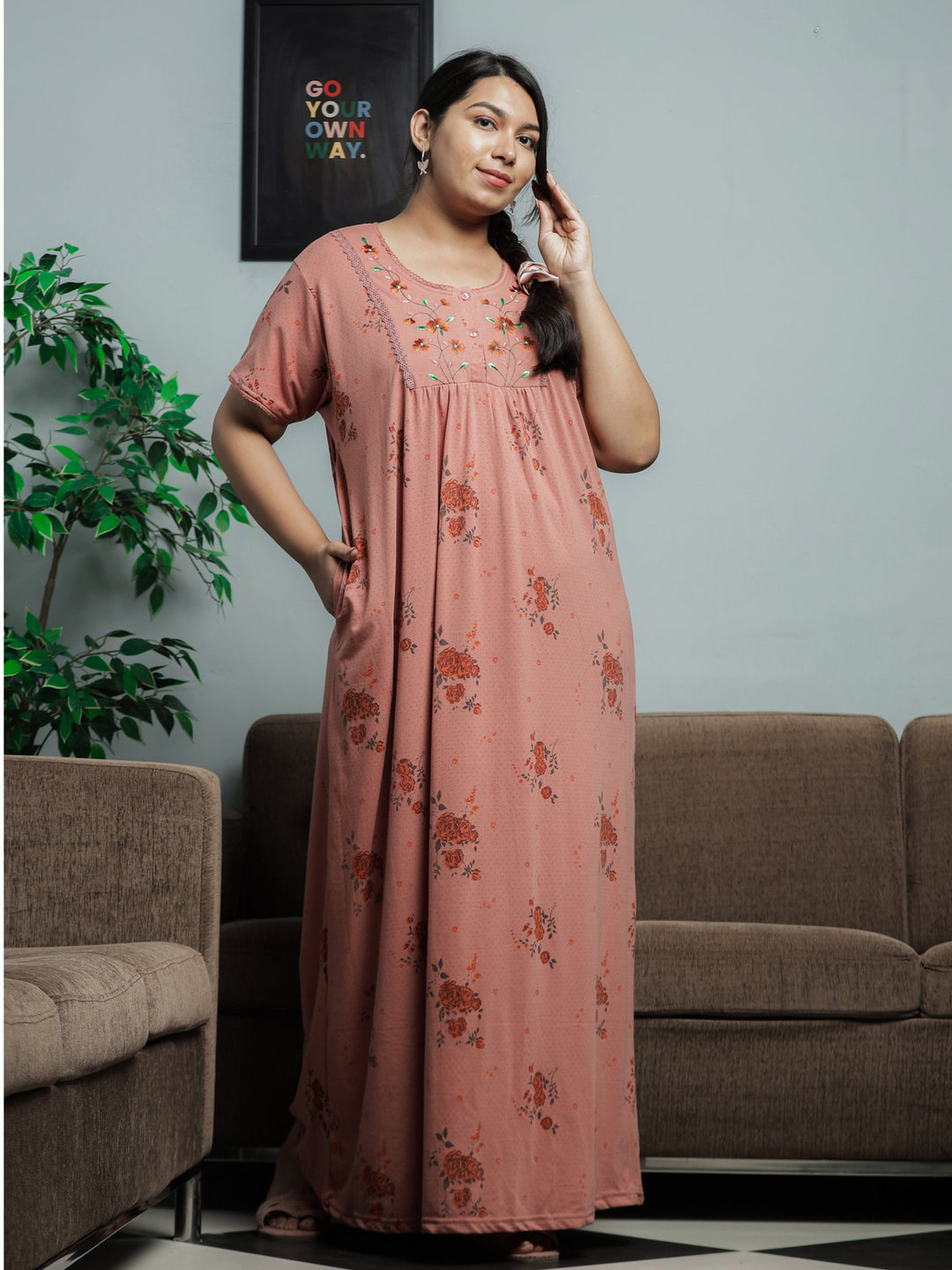 Coral Cotton Blend Front Open Nighty