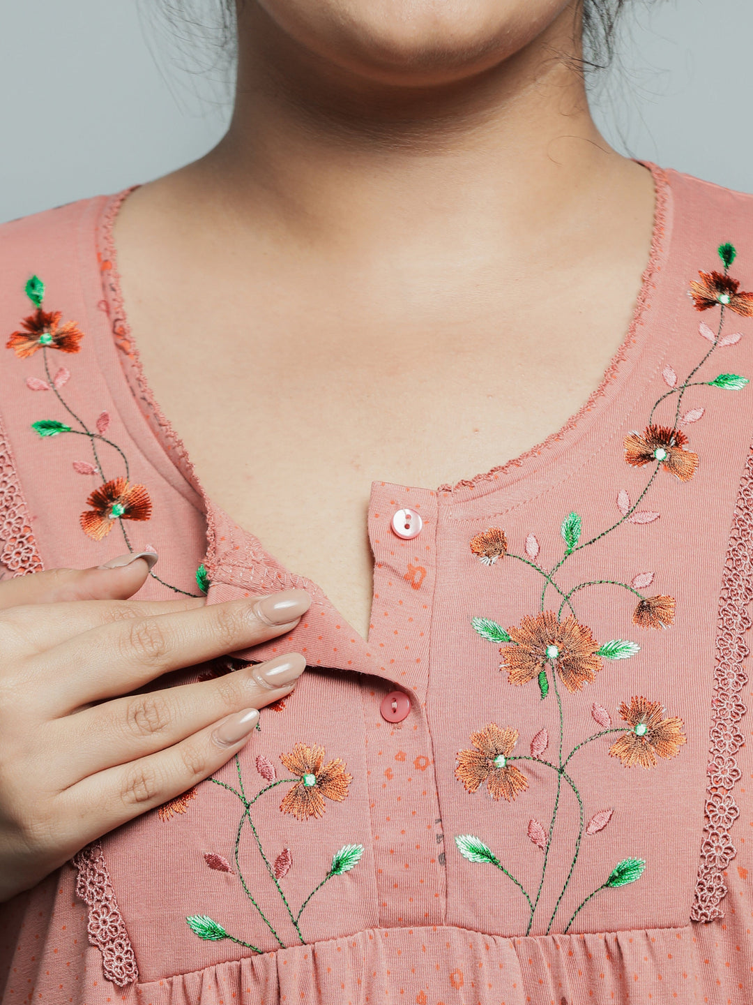 Coral Cotton Blend Front Open Nighty
