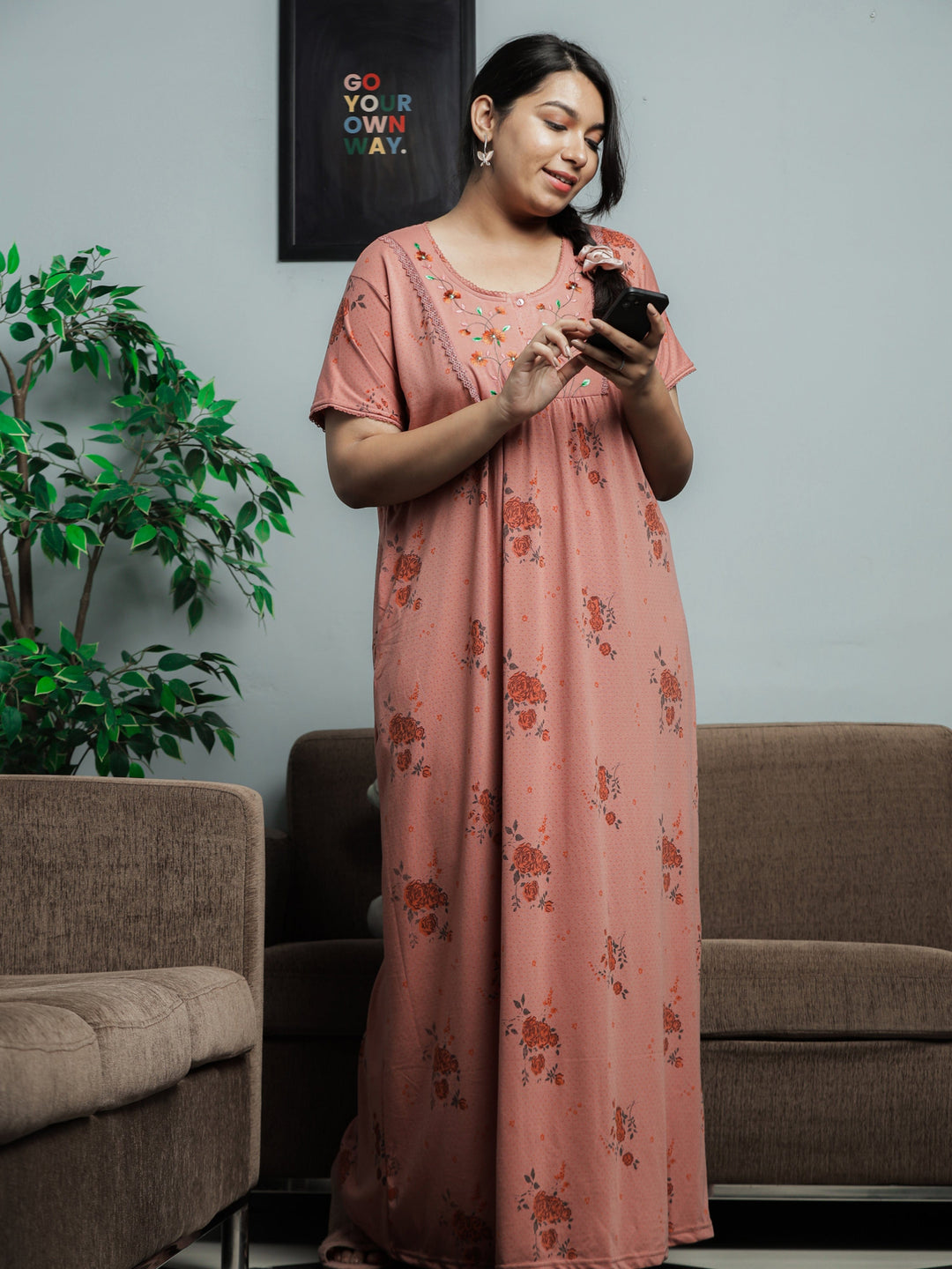 Coral Cotton Blend Front Open Nighty