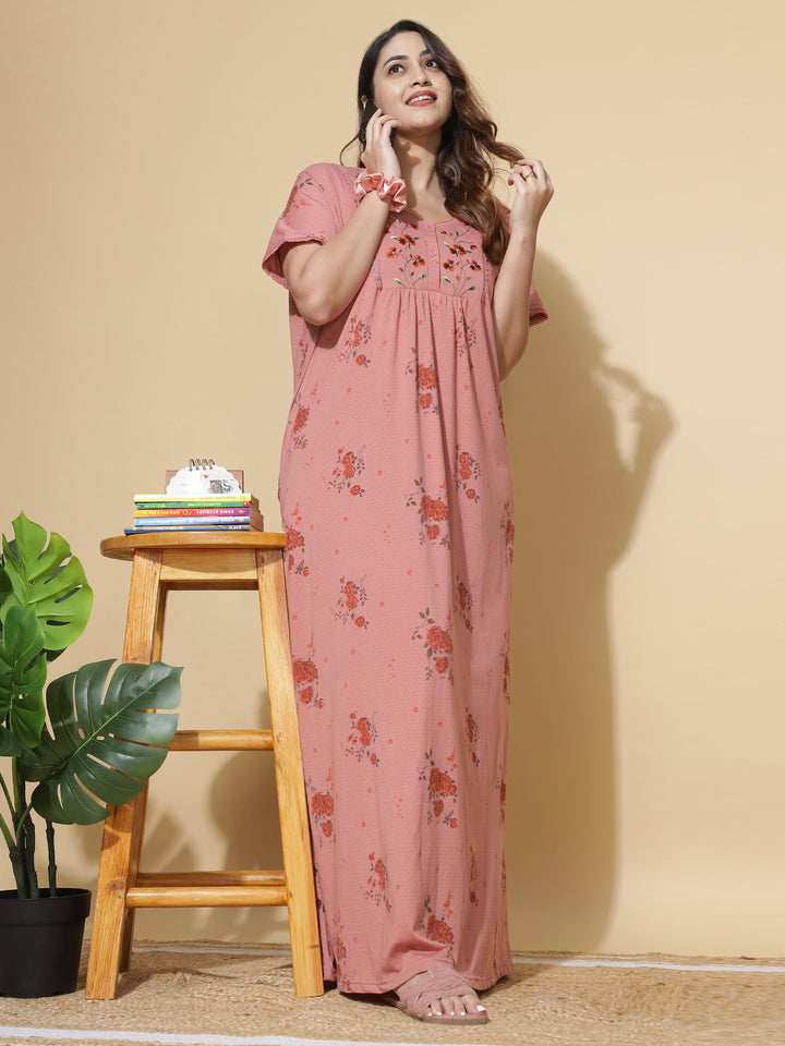 Coral Cotton Blend Front Open Nighty