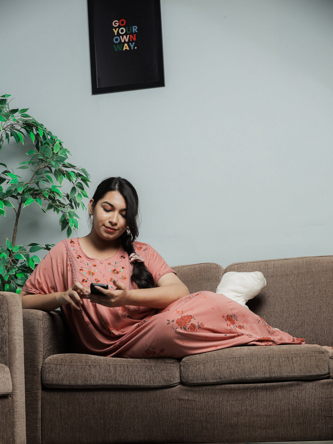 Coral Cotton Blend Front Open Nighty