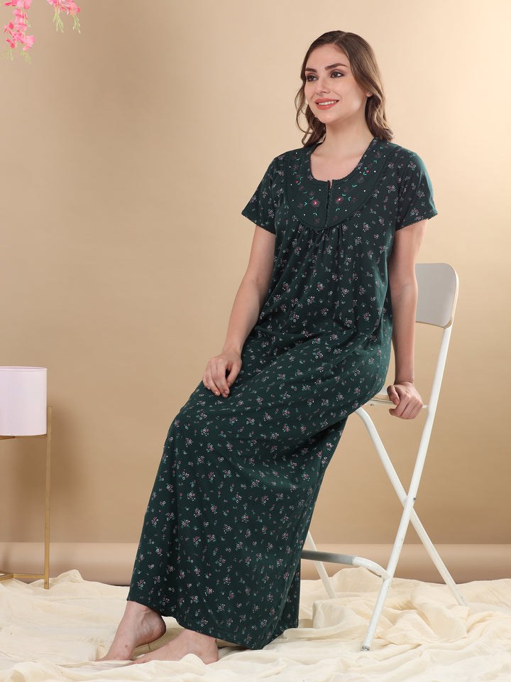 Embroidred Dark Green Front Open Nighty for Women