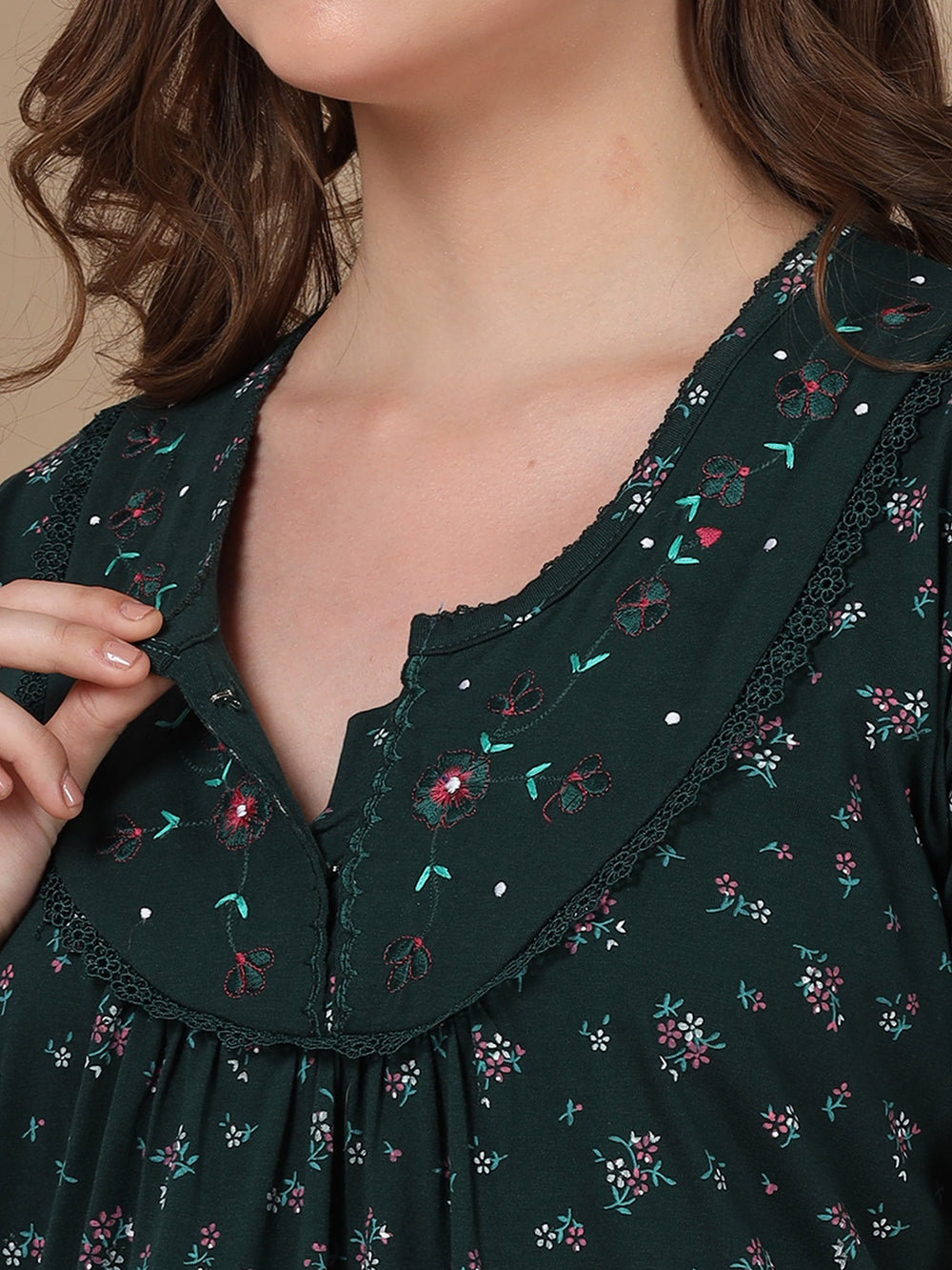 Embroidred Dark Green Front Open Nighty for Women