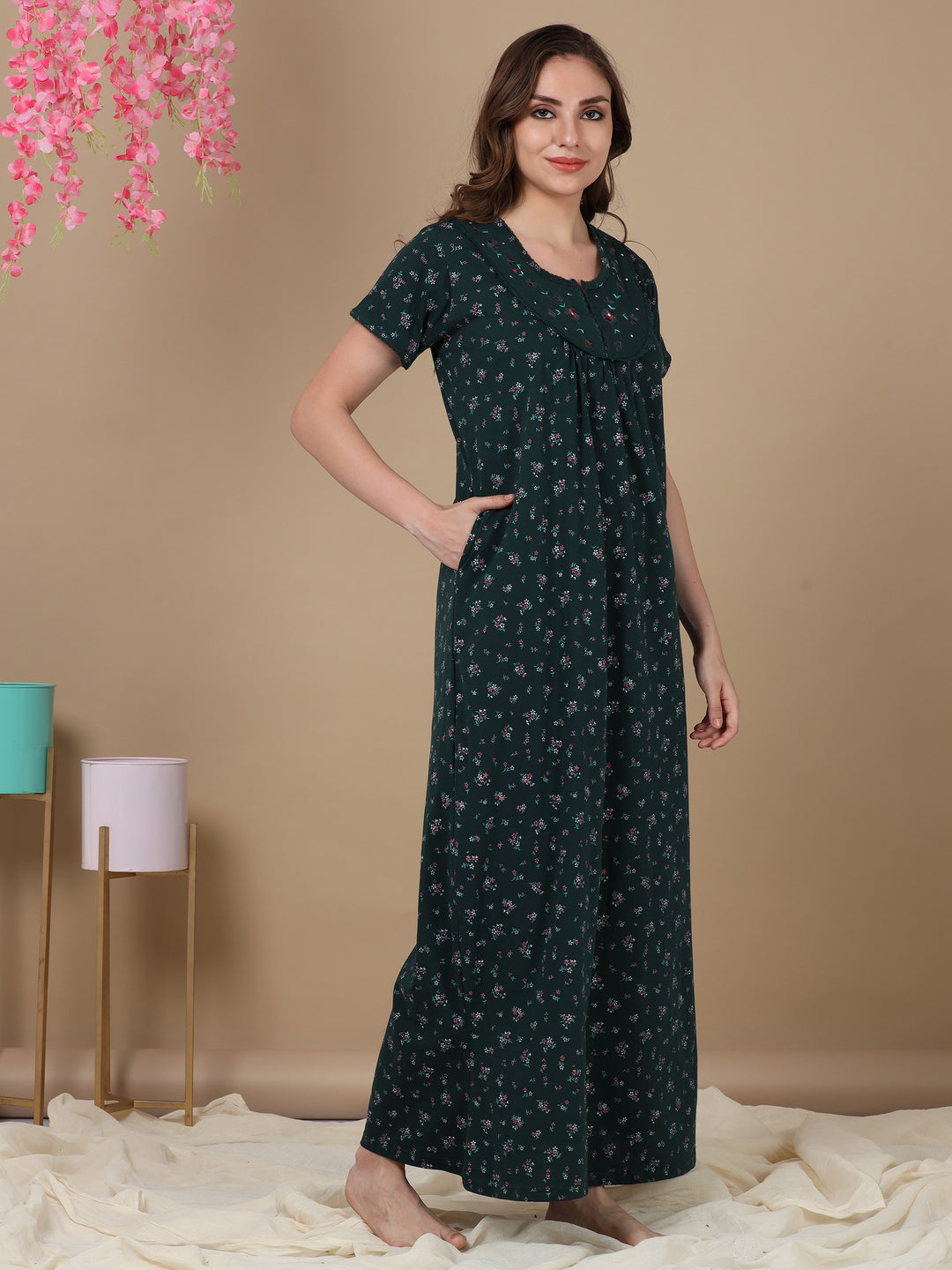 Embroidred Dark Green Front Open Nighty for Women